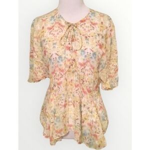 Zara Yellow Floral Short Sleeve Lace Up Front Dainty Boho SemiSheer Blouse S NWT
